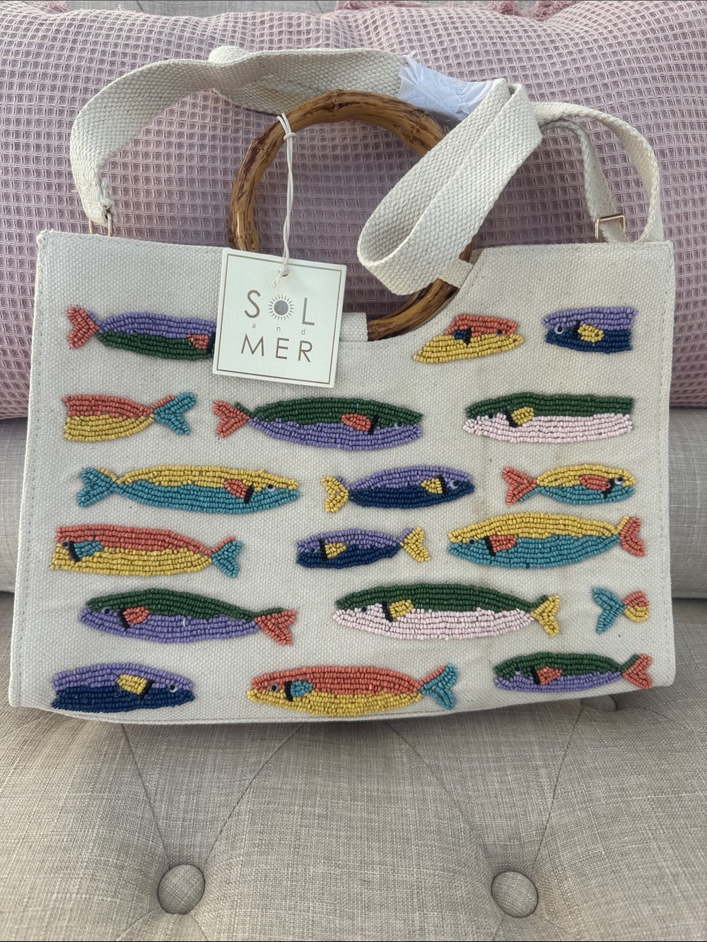 Sol and Mer Beaded Fish Canvas Tote Bag in Cream NWT